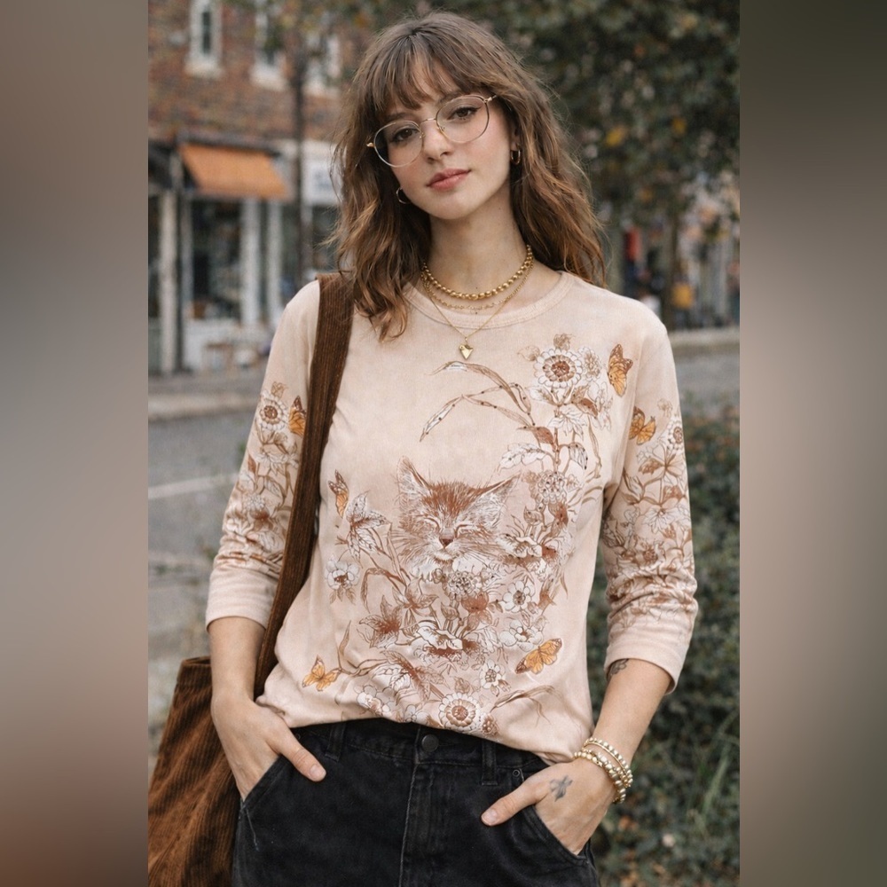 Vintage 90s Morning Sun Womens Top Sz Large Tan Cats Kitten Butterflies Crystals